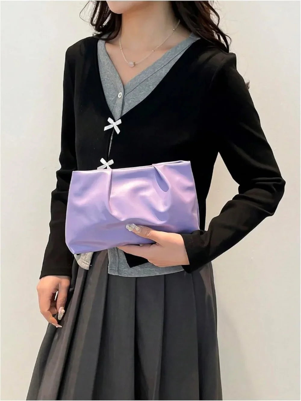 👜Women's Purple PU Leather Clutch Purses Small Zipper Elegant Ruched Handbag